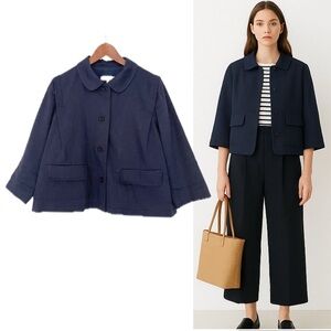 See By Chloe Wool Linen Boxy Cropped 3/4 Sleeve Navy Blue Blazer Jacket 8